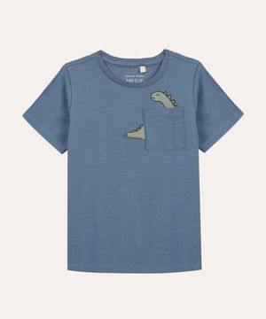 camiseta de algodão infantil dinossauro azul