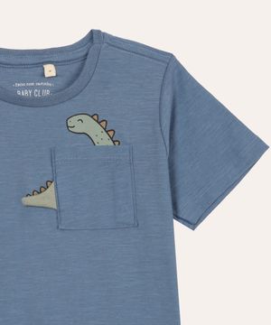 camiseta de algodão infantil dinossauro azul