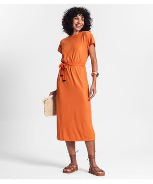 Vestido Midi Em Ribana Canelada Lurex Rovitex Laranja