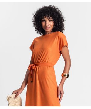 Vestido Midi Em Ribana Canelada Lurex Rovitex Laranja