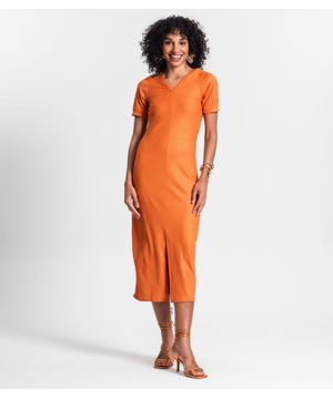 Vestido Midi Ribana Canelada Lurex Rovitex Laranja