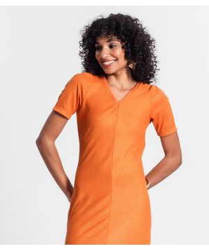 Vestido Midi Ribana Canelada Lurex Rovitex Laranja