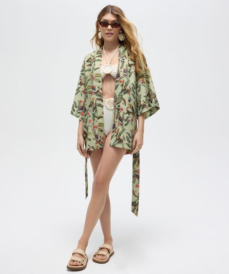 kimono saída de praia linho com faixa folhagem patbo bege