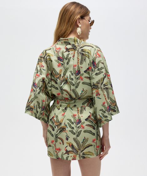 kimono saída de praia linho com faixa folhagem patbo bege
