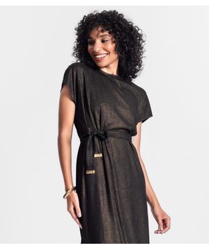 Vestido Midi Em Ribana Canelada Lurex Rovitex Preto