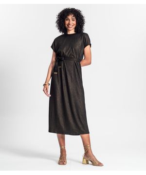 Vestido Midi Em Ribana Canelada Lurex Rovitex Preto