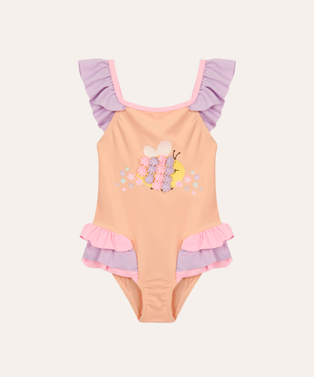 maiô infantil abelhinha com babados proteção uv laranja