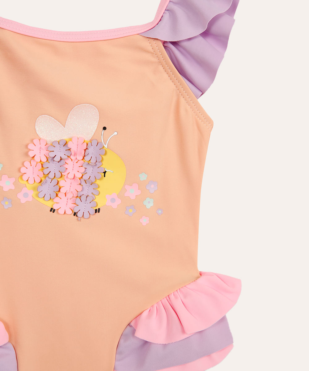 maiô infantil abelhinha com babados proteção uv laranja
