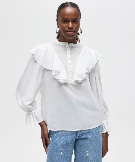 bata texturizada com babado e botões de pérola patbo off white