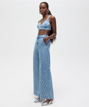 calça wide leg jeans cintura alta com pérolas e brilhos patbo azul