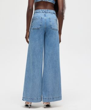 calça wide leg jeans cintura alta com pérolas e brilhos patbo azul