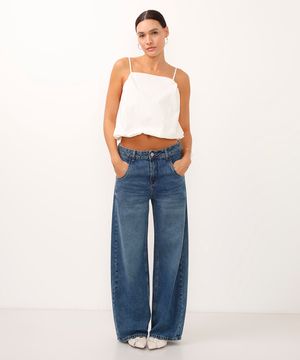 calça wide leg oversized jeans cintura média azul