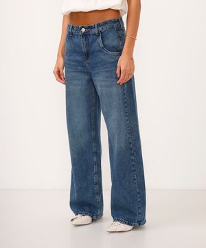 calça wide leg oversized jeans cintura média azul