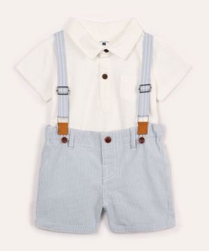 conjunto infantil curto com suspensório listrado off white