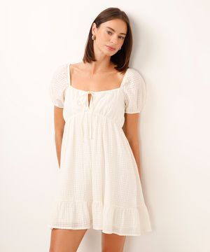 vestido curto texturizado manga bufante off white