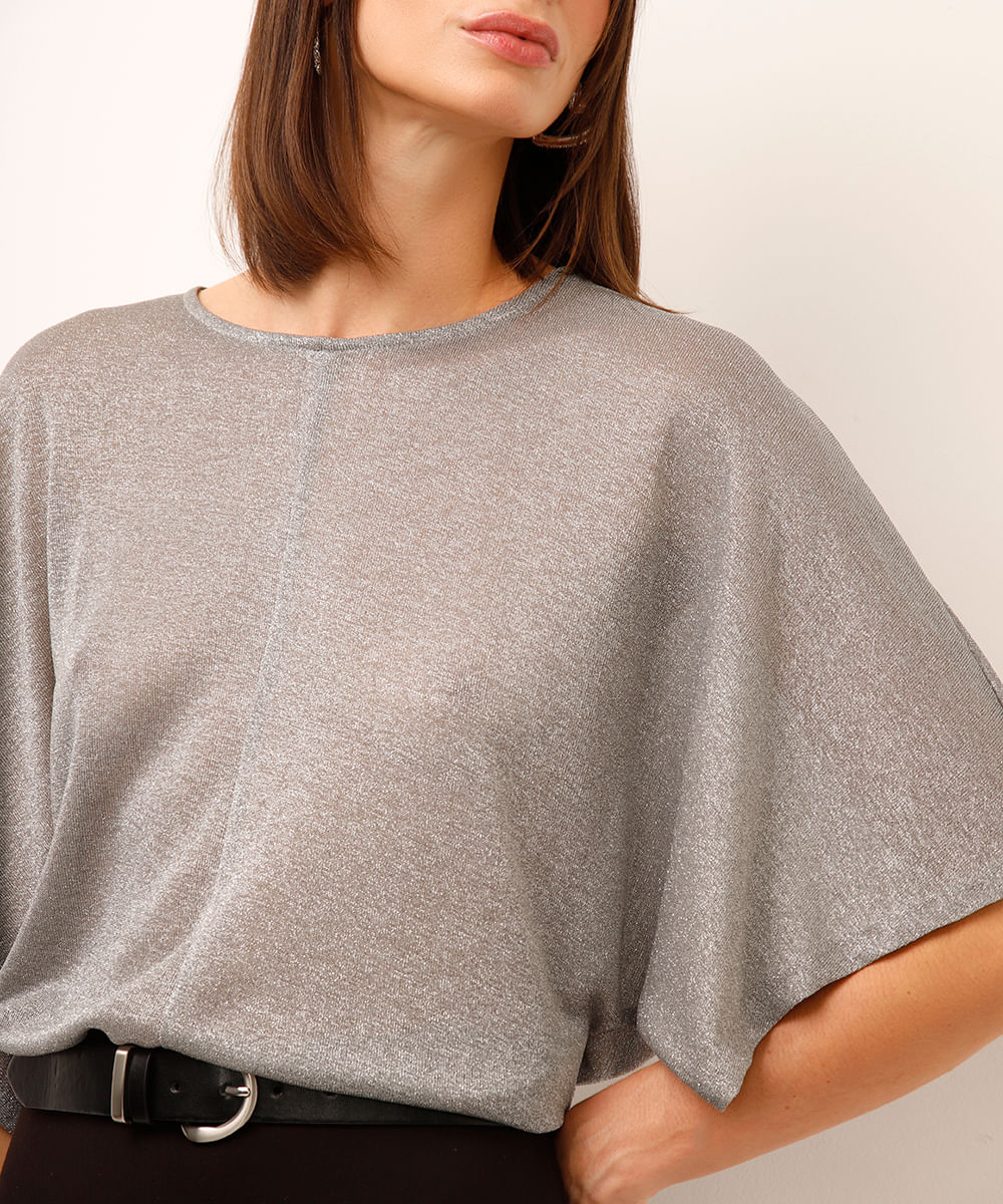 blusa de lurex manga curta prateada