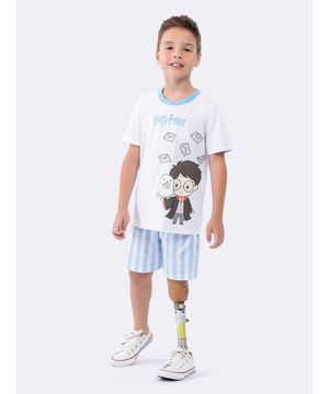 Pijama Manga Curta Masculino Infantil Hogwarts Letter Veggi Branco