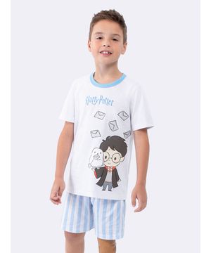 Pijama Manga Curta Masculino Infantil Hogwarts Letter Veggi Branco