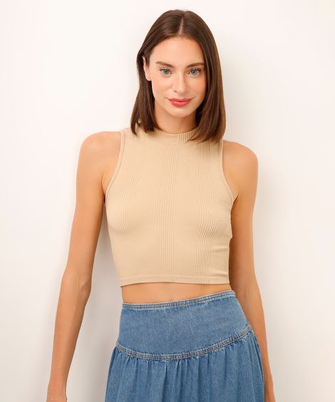 cropped de poliamida canelado bege