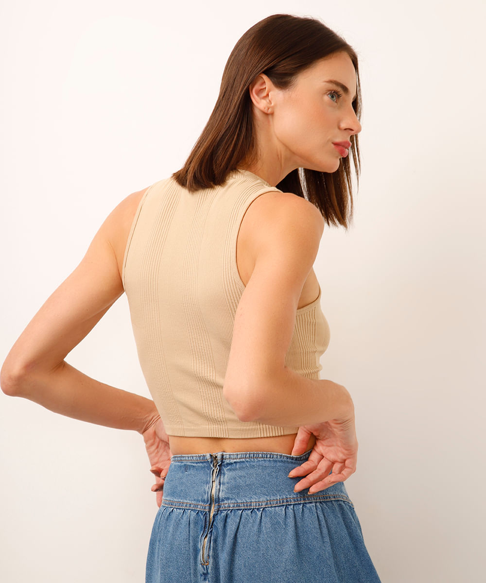 cropped de poliamida canelado bege