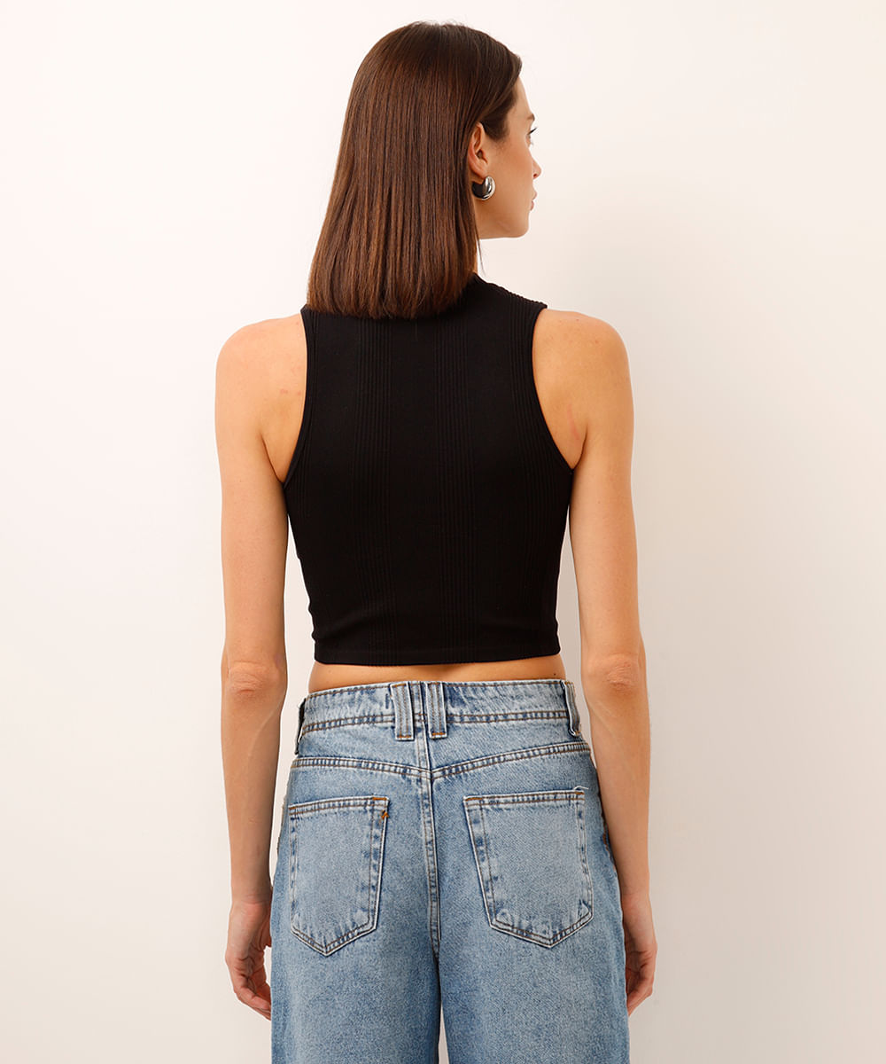 cropped de poliamida canelado preto