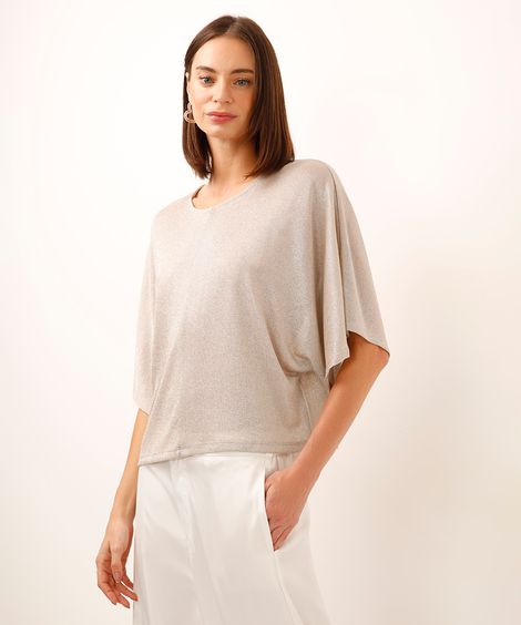 blusa de lurex manga curta bege