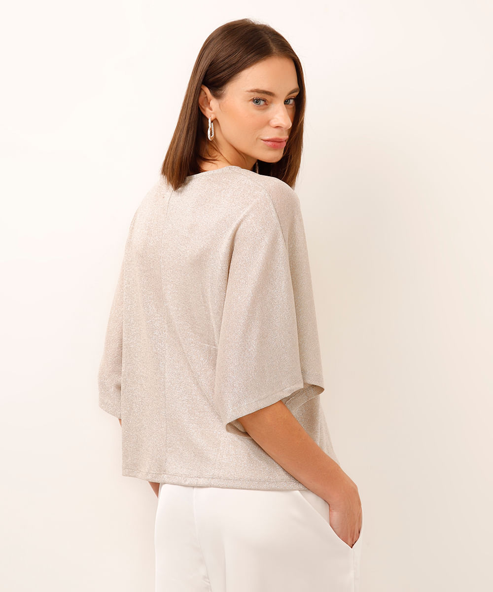 blusa de lurex manga curta bege