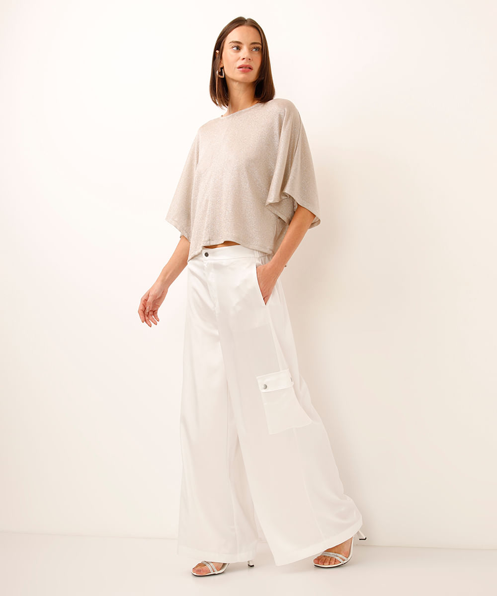 blusa de lurex manga curta bege