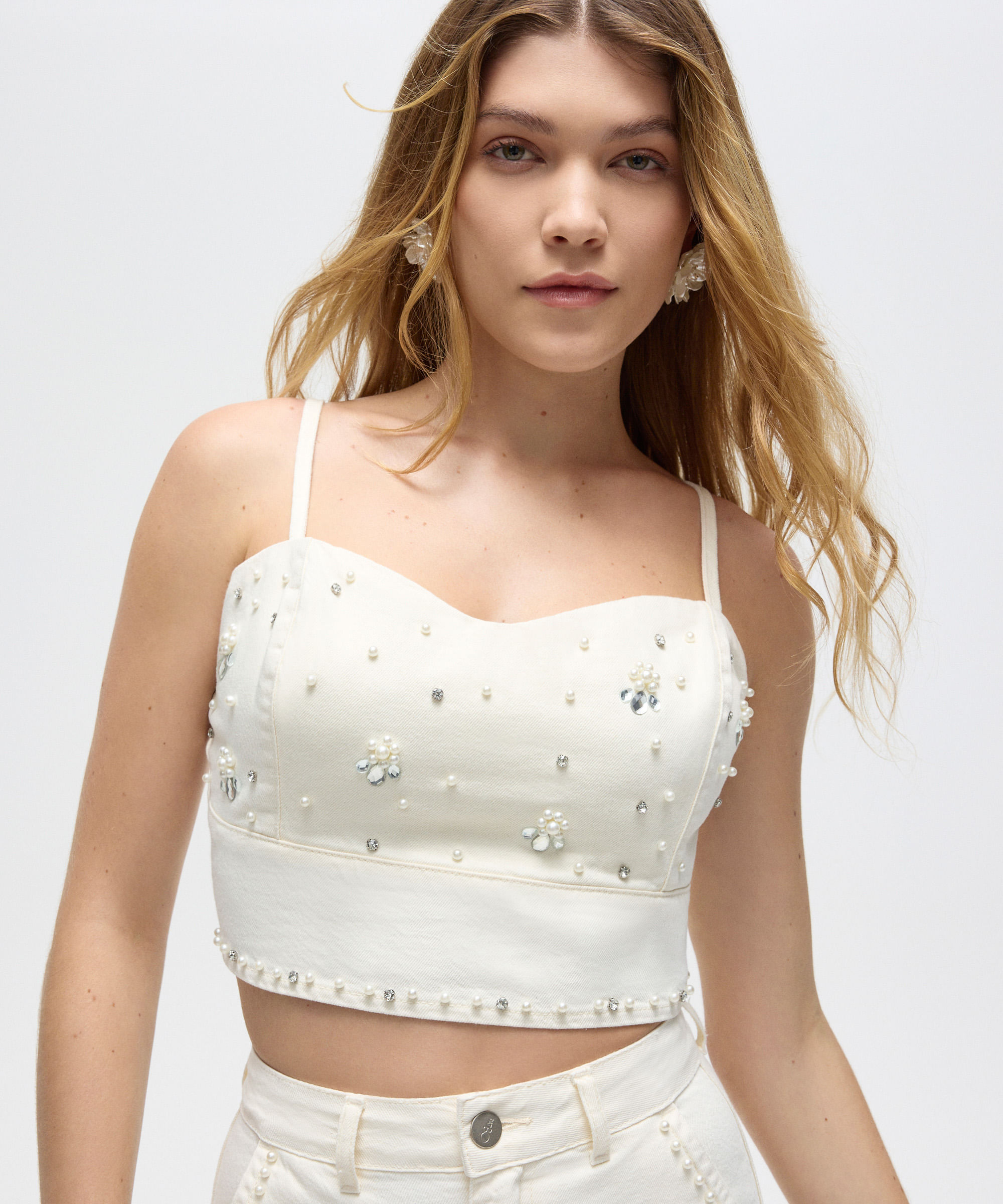 cropped de sarja floral com brilhos patbo off white