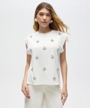 blusa muscle tee com pérolas e brilhos floral patbo off white