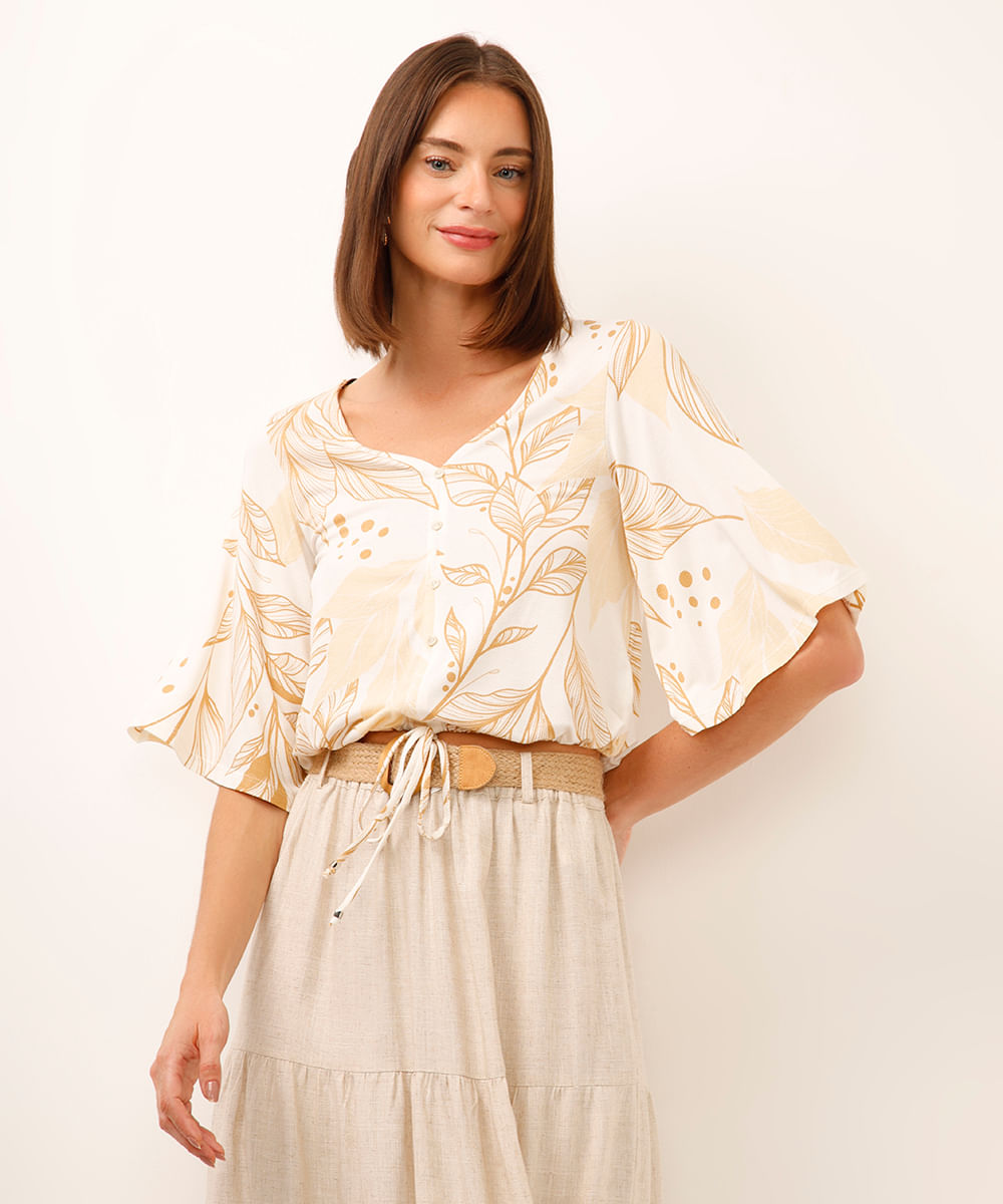 blusa de viscose folhagem com amarração bege