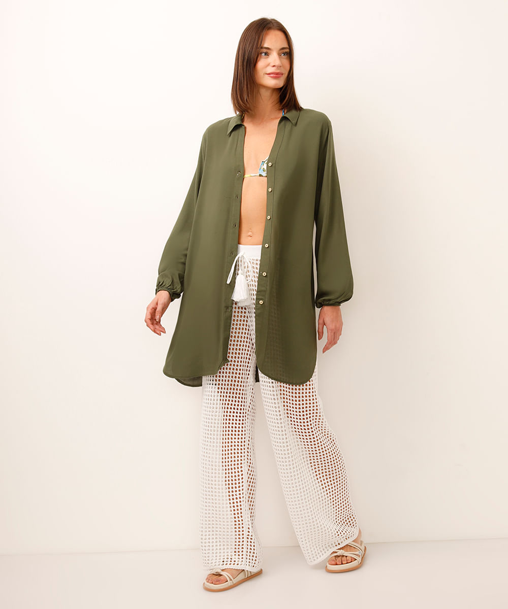 camisa saída de praia de viscose alongada verde