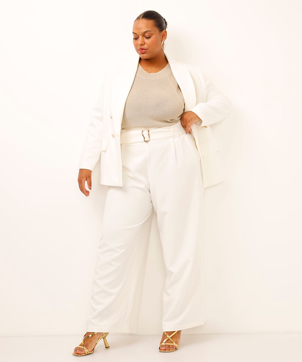 calça wide leg com cinto plus size off white