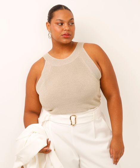 blusa halterneck de tricot com lurex plus size dourada