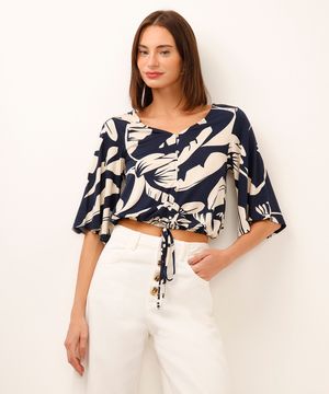 blusa de viscose com amarração folhagens azul