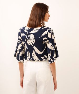 blusa de viscose com amarração folhagens azul