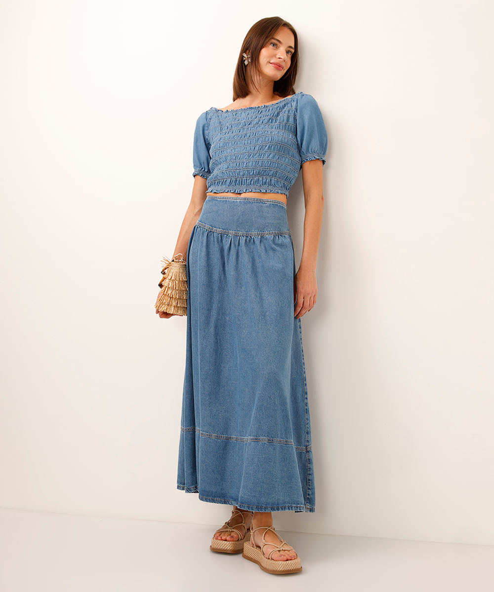 blusa jeans manga bufante com lastex azul