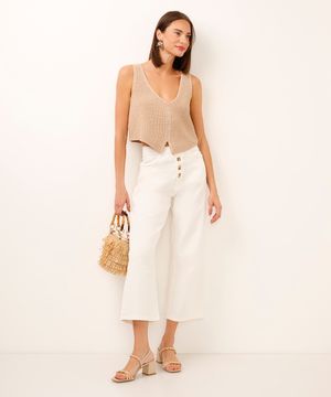 calça wide leg cropped de sarja off white