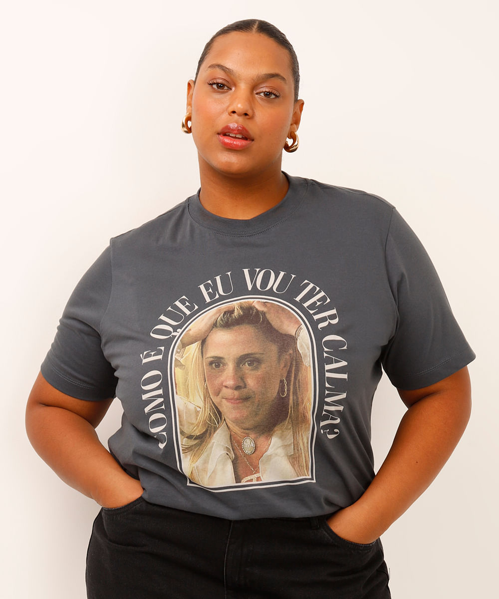camiseta de algodão carminha plus size cinza