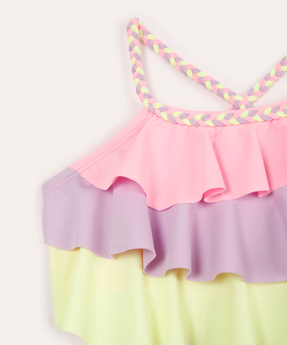 biquíni infantil trançado com babado proteção uv colorido