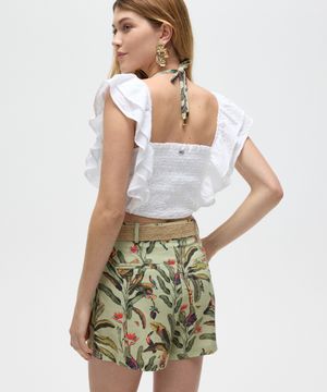 cropped de laise com babados floral patbo off white