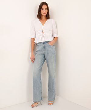 calça wide leg jeans com brilho azul