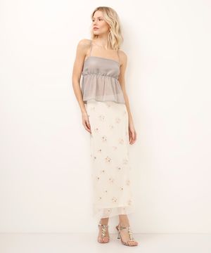 saia midi de tule com bordado floral off white