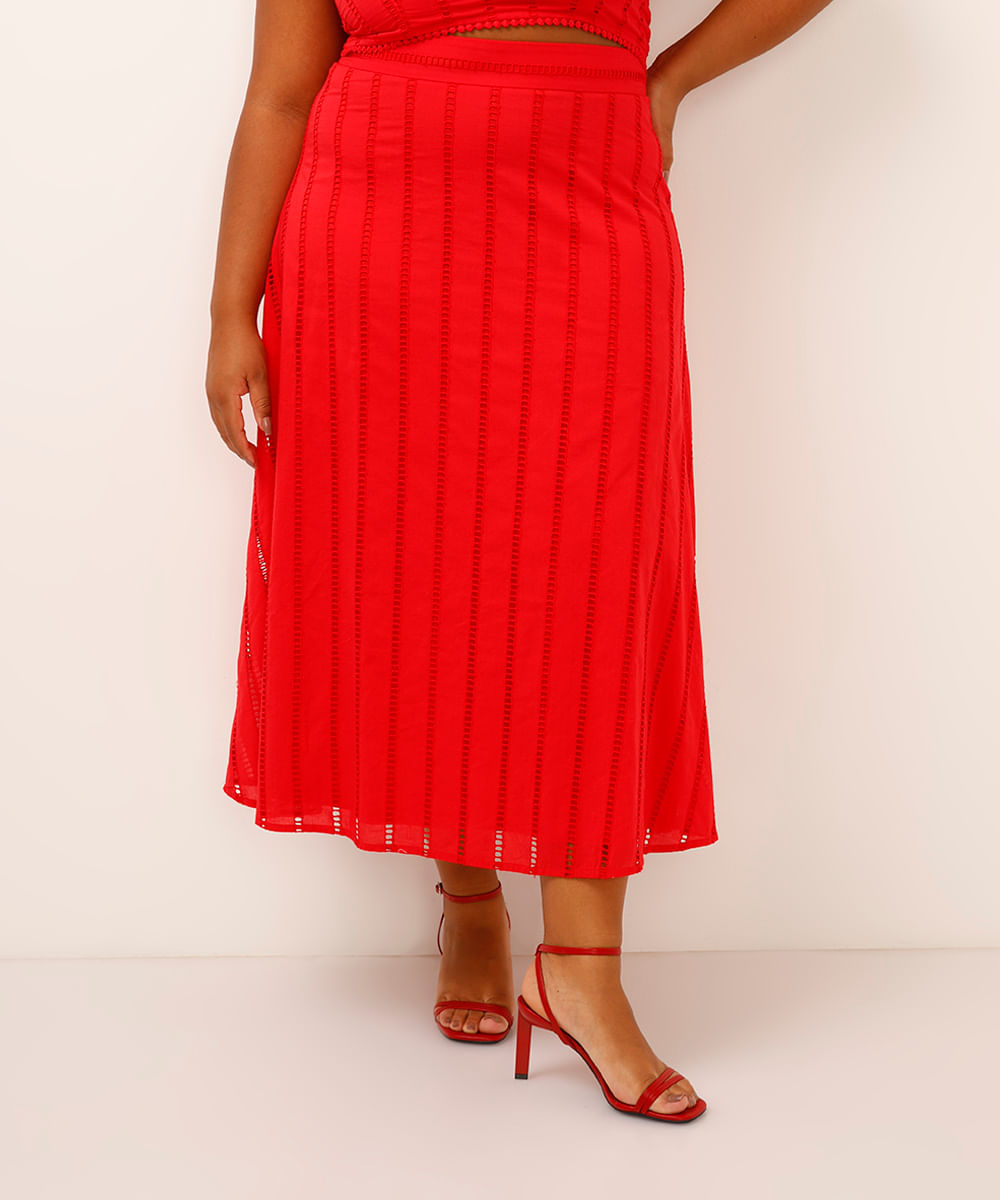 saia midi evasê de laise plus size vermelha