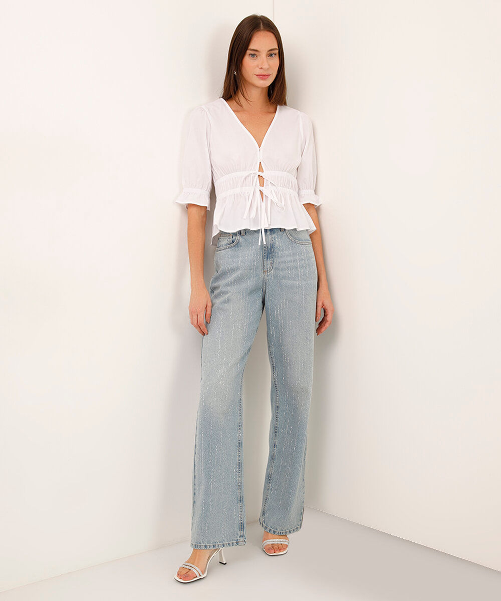 blusa bata manga bufante com laços off white