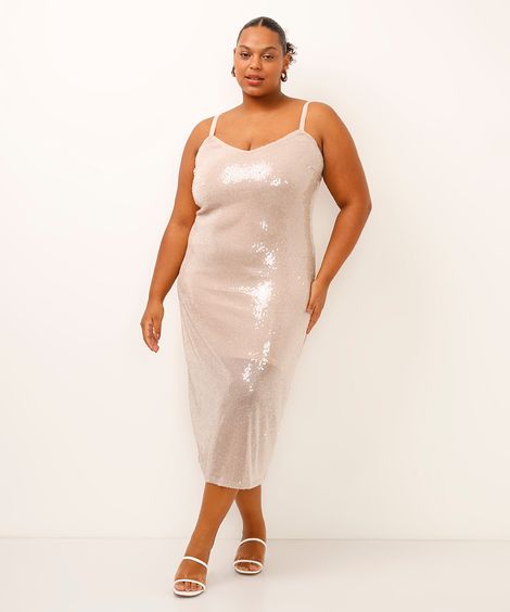 vestido midi de paetê plus size bege