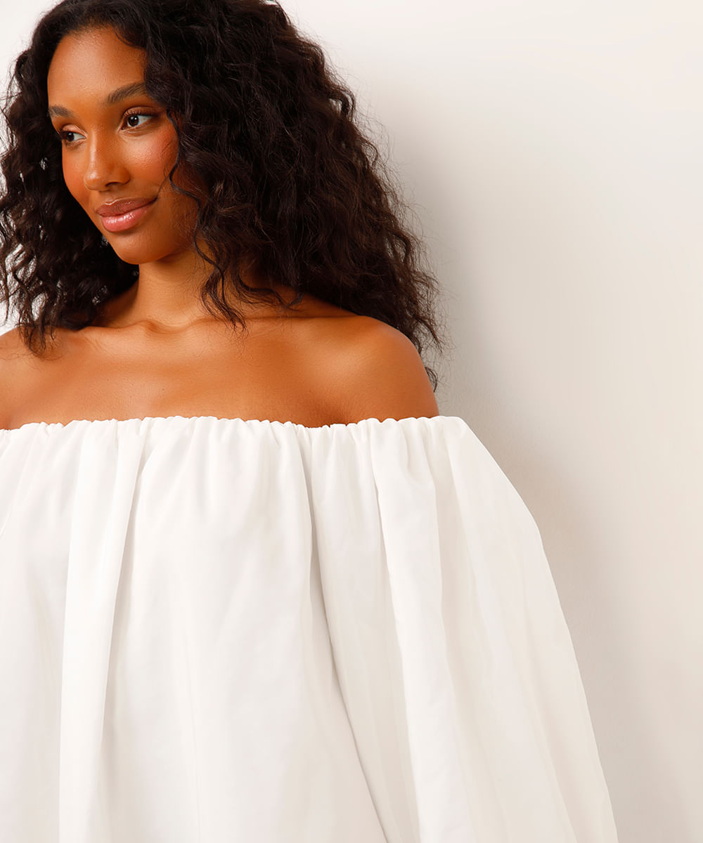 vestido ombro a ombro manga balonê off white