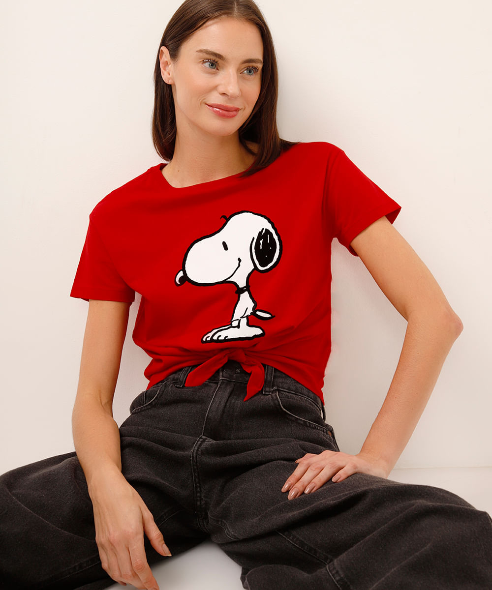 cropped de algodão snoopy com amarração vermelha