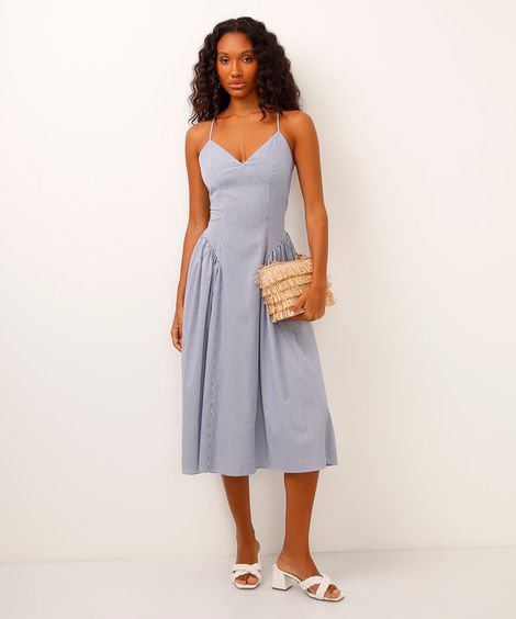 vestido midi decote v com recorte listrado off white