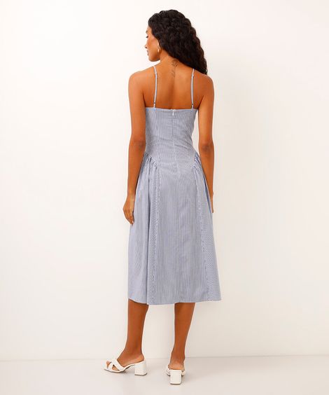 vestido midi decote v com recorte listrado off white